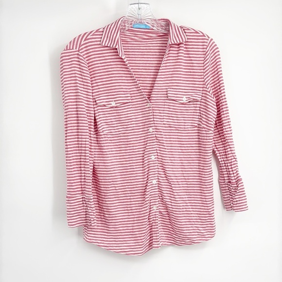 J. McLaughlin Brynn Linen Blend Striped V-neck 3/4 Sleeve Top Pink White small - Picture 5 of 10